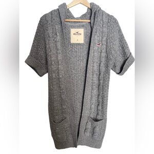 Hollister Y2K Cable Knit Hooded Cardigan Sweater Size Medium Gray with Pockets